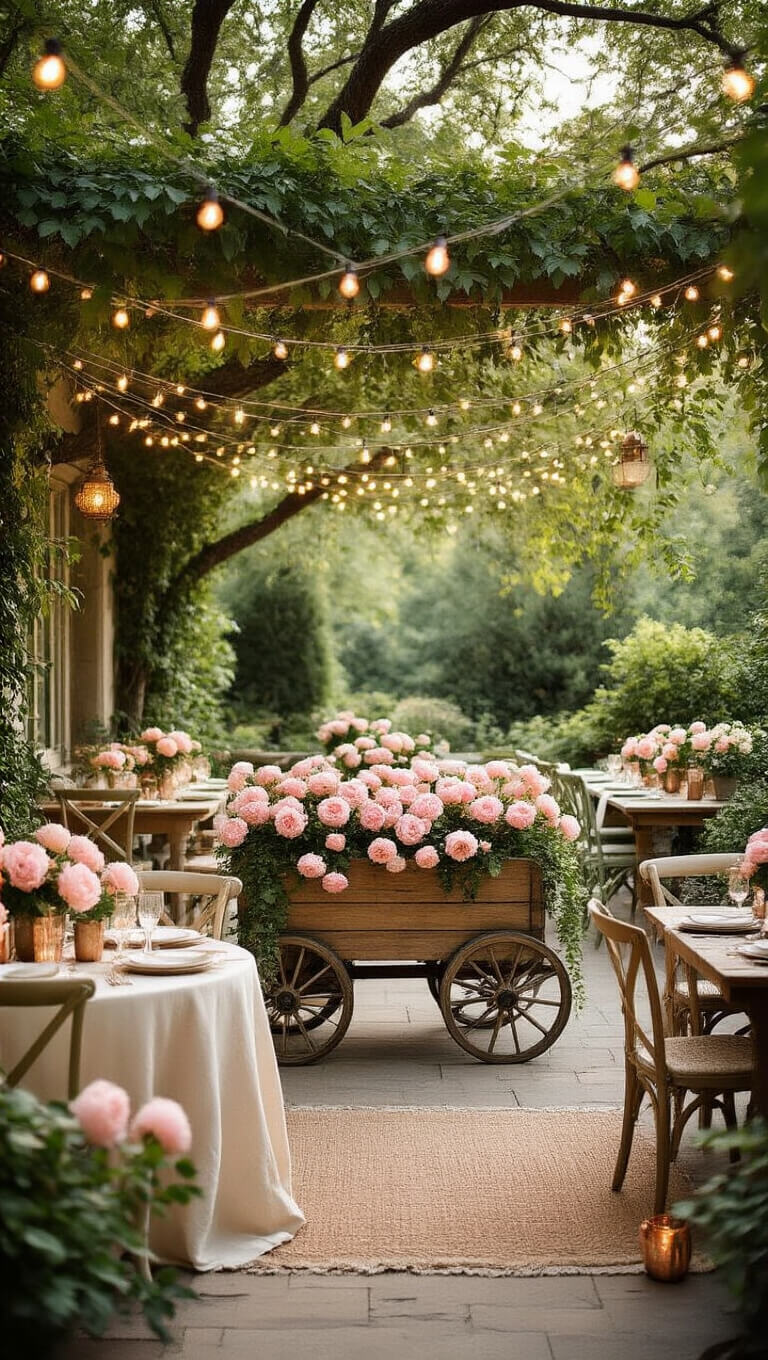 Garden terrace at golden hour with vintage wooden cart of pink peonies, string lights overhead, rustic tables with cream and sage chairs, and copper lanterns amid dreamy, dappled lighting.