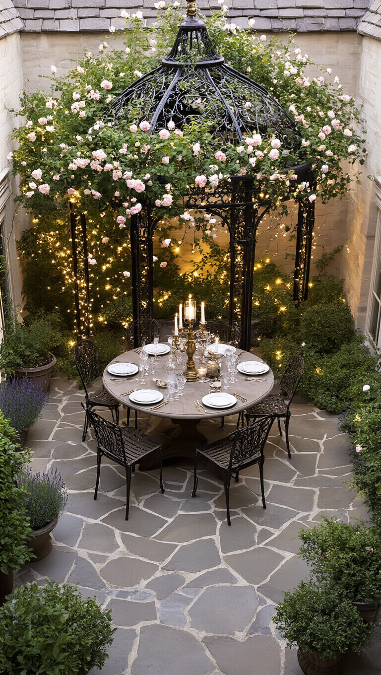 Elevated view of intimate 15x20ft courtyard garden with ornate iron gazebo draped in climbing roses and fairy lights, farmhouse table set beneath with fine china and crystal, surrounded by potted lavender, brass candlesticks, vintage decanters on geometric stone pavers, in late afternoon light.