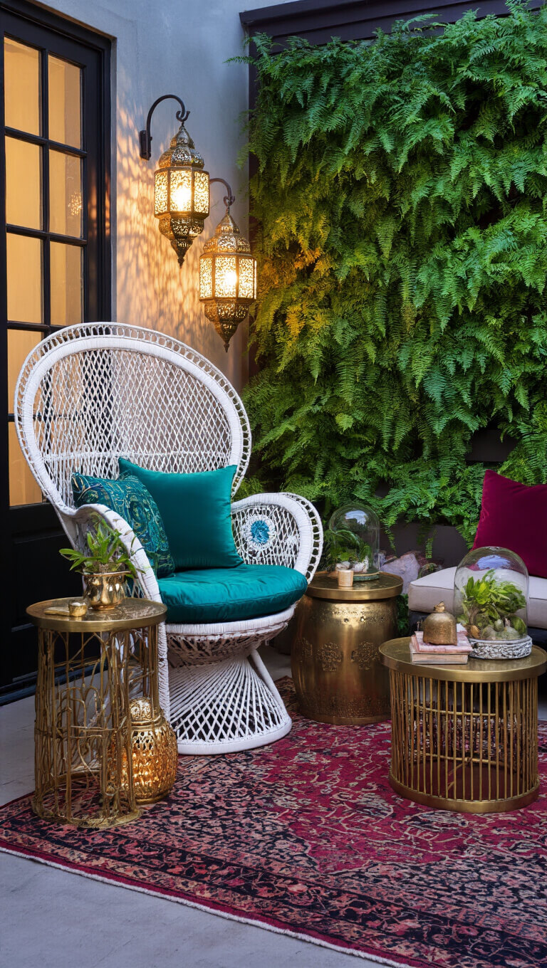 Cozy urban patio at dusk with rattan peacock chair, Persian rugs, Moroccan lanterns, vertical garden wall, and brass tables holding glass-covered curiosities.
