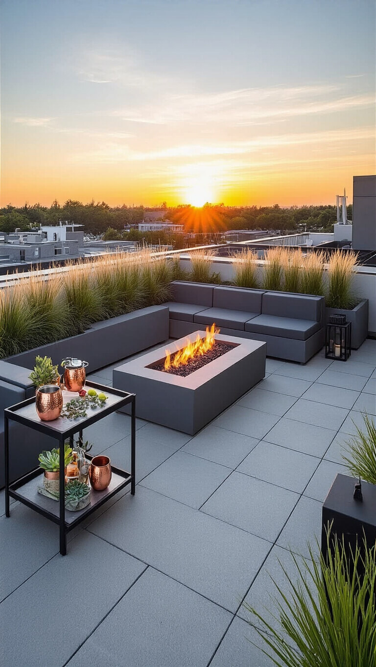 Modern rooftop garden at sunset with concrete planters, ornamental grasses, modular charcoal seating around fire pit, industrial bar cart, slate tile flooring, LED lighting, and sculptural succulents.