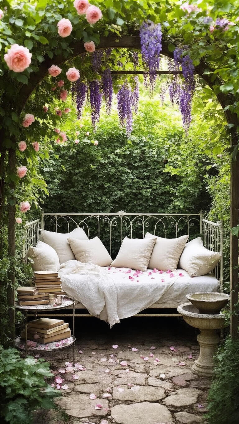 Secret garden nook with vintage iron daybed under rose and wisteria canopy, surrounded by stone bird bath, antique tea cart, and floral decor in soft pinks, whites, and sage greens.