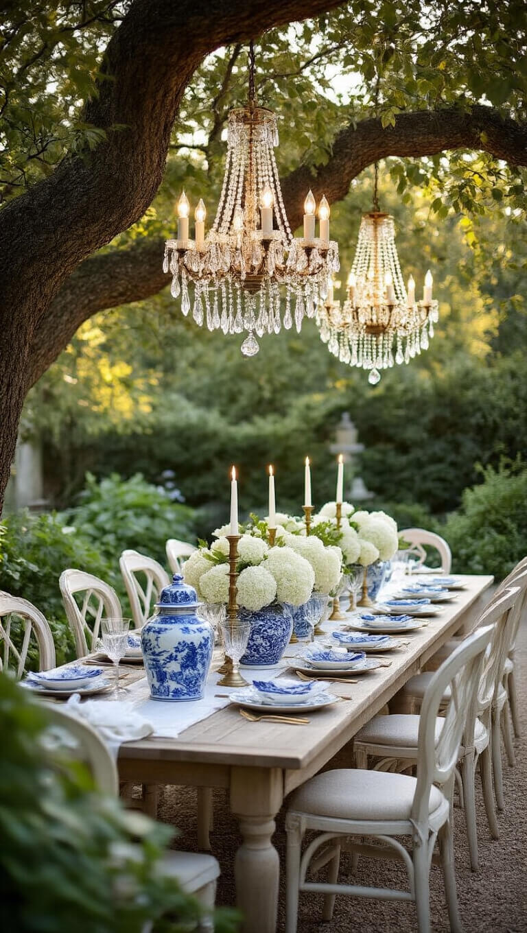 French-inspired garden dining scene at golden hour with long farmhouse table, vintage chandeliers in trees, mismatched white chairs, blue and white chinoiserie, hydrangeas, brass candlesticks, and fine linens.