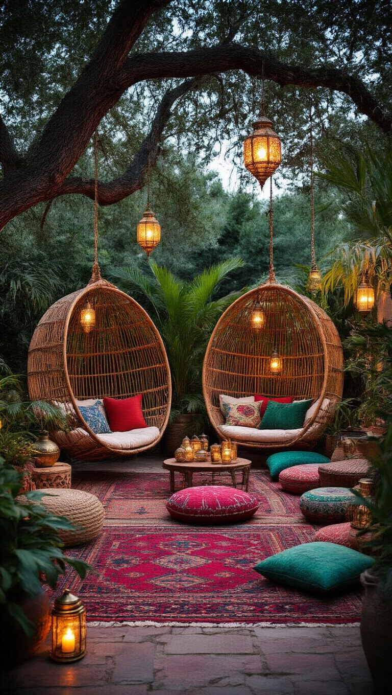Twilight photo of a bohemian garden lounge with vintage rugs, rattan hanging chairs, jewel-toned cushions, Moroccan lanterns, and lush decor in rich colors and natural textures.