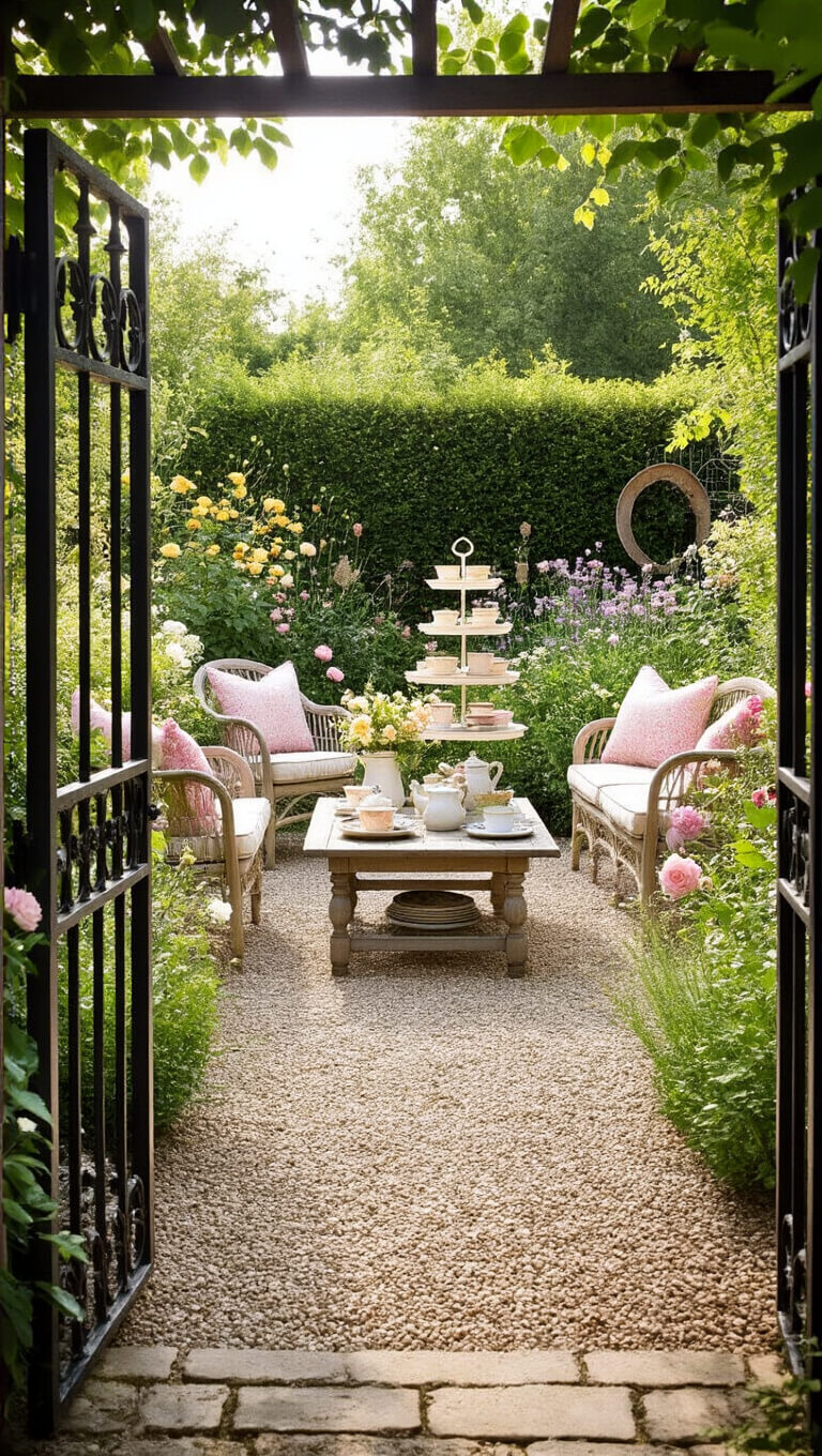 Afternoon view of an English cottage garden with blooming flower borders, vintage iron gates, and teak furniture set for tea on a gravel patio.