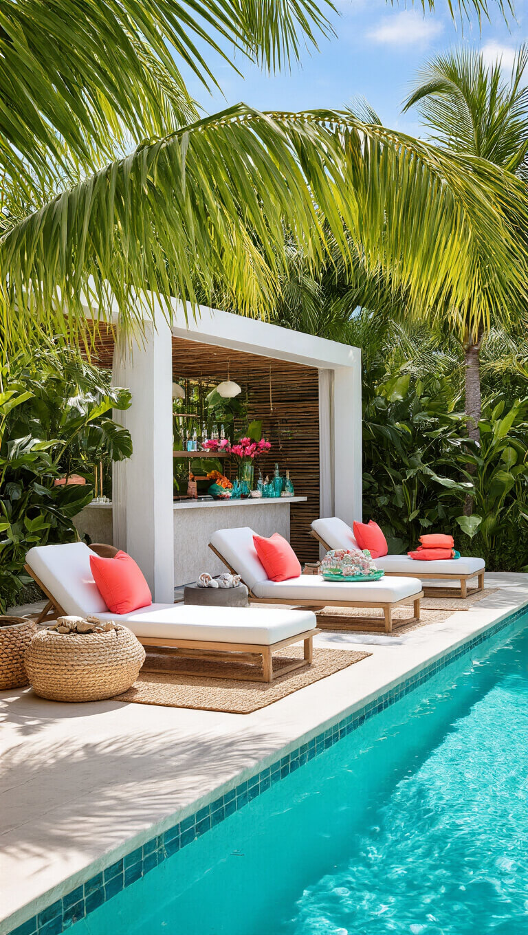 Wide-angle view of tropical poolside paradise with white modern loungers, bright accent pillows, floating bar with colorful glass and flowers, shaded by large palm fronds, and layered with grass mats, ceramic planters, and shells.