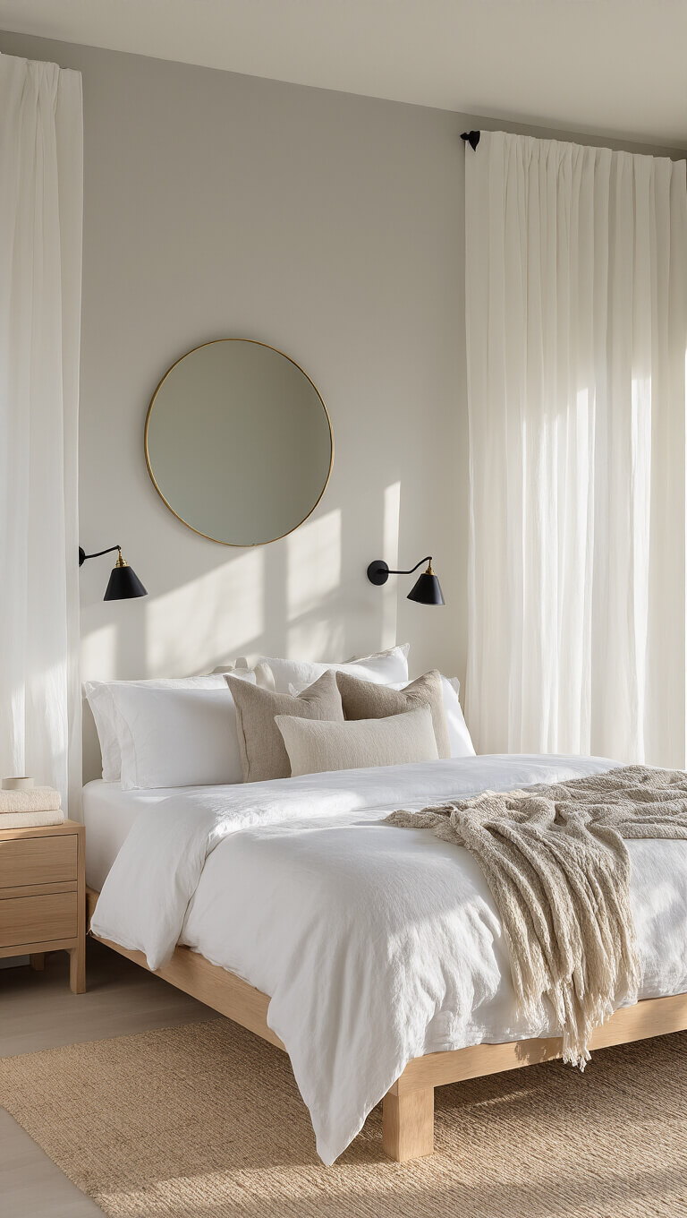 Cozy 15x18ft bedroom with golden hour lighting, sheer curtains casting shadows on pale gray walls, a bleached oak platform bed with layered neutral textiles, black sconces flanking a round mirror above a simple oak dresser, and vintage brass accents.