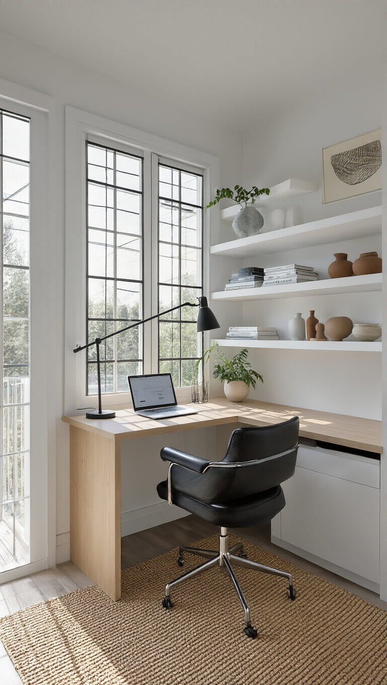 Modern home office nook with floating ash wood desk, black leather Scandinavian chair, minimalist black task lamp, white built-in shelves, and early morning light casting shadows.