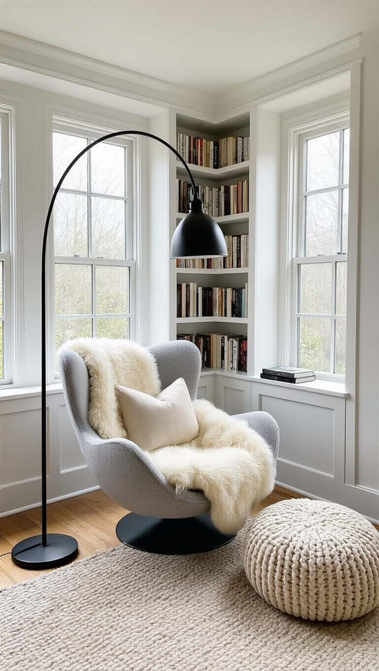 Cozy 6x8ft reading nook in bay window with gray egg chair, sheepskin throw, white floor-to-ceiling bookshelf, black arched floor lamp, and cream knit pouf in soft overcast daylight.