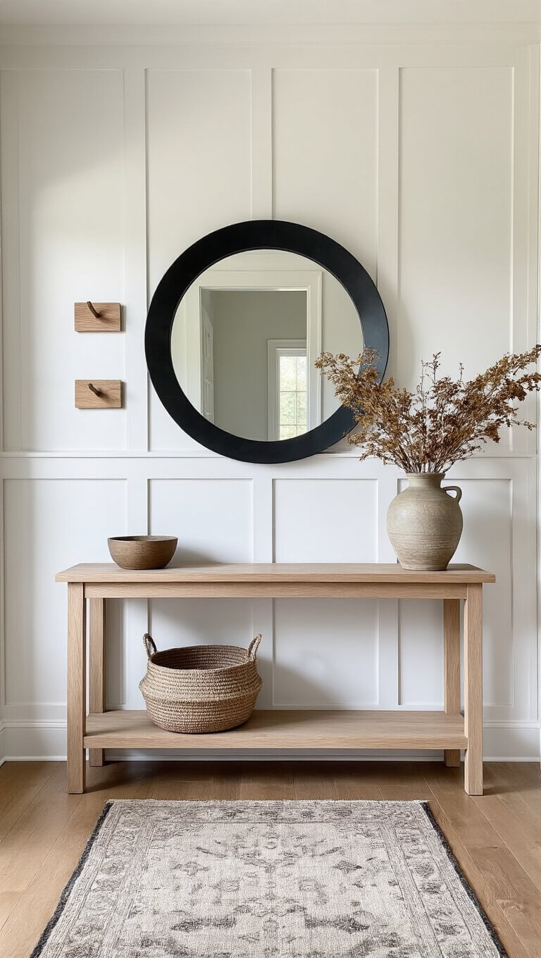 Modern entryway with wainscoting, pale oak console, abstract black mirror, vintage runner, and dried botanicals in afternoon light.