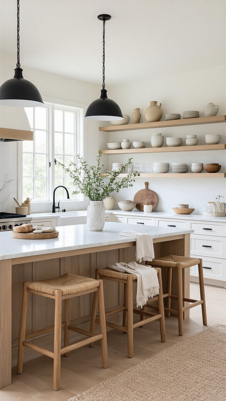 Bright 14x16ft kitchen with white cabinets, marble counters, black hardware, wooden stools, and morning light highlighting natural textures.
