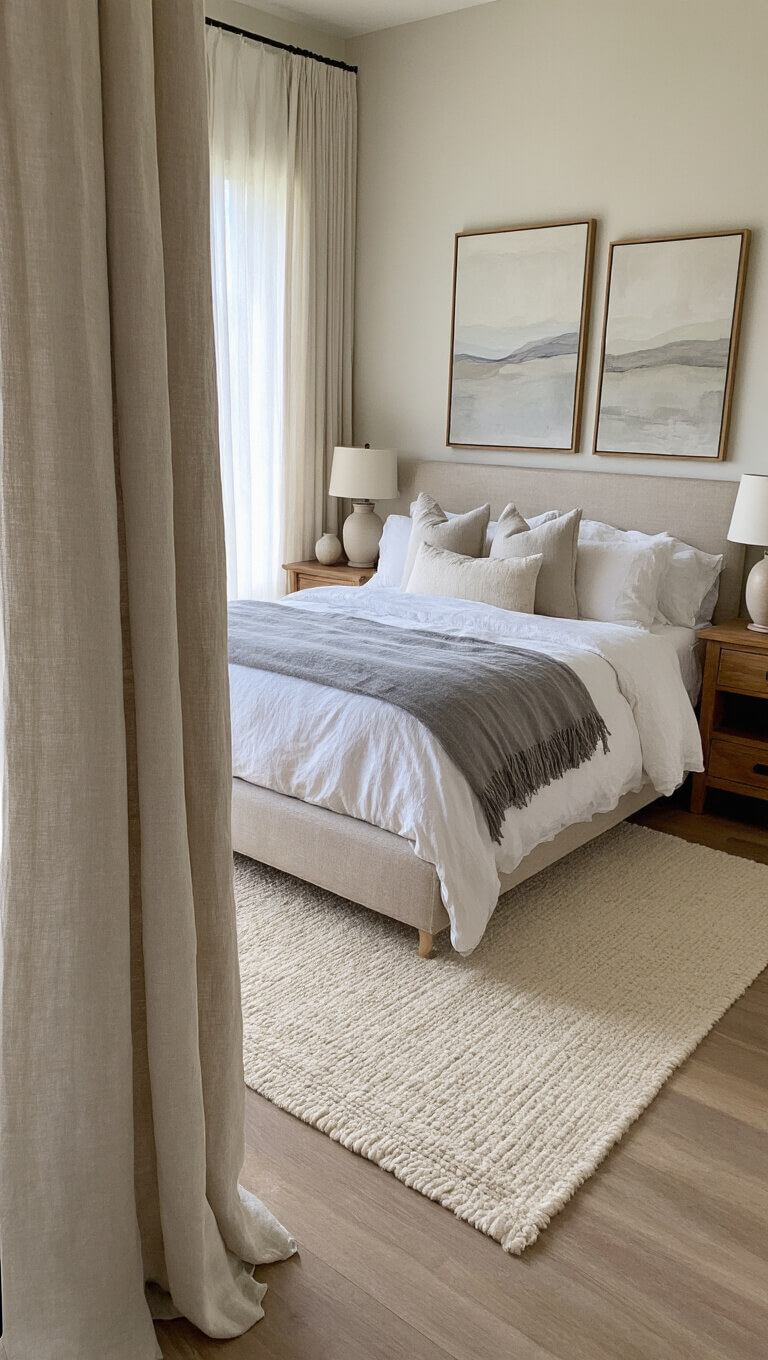Tranquil master bedroom suite with dawn light, platform bed in white linens, oak nightstands, ceramic lamps, abstract art, and cream area rug.