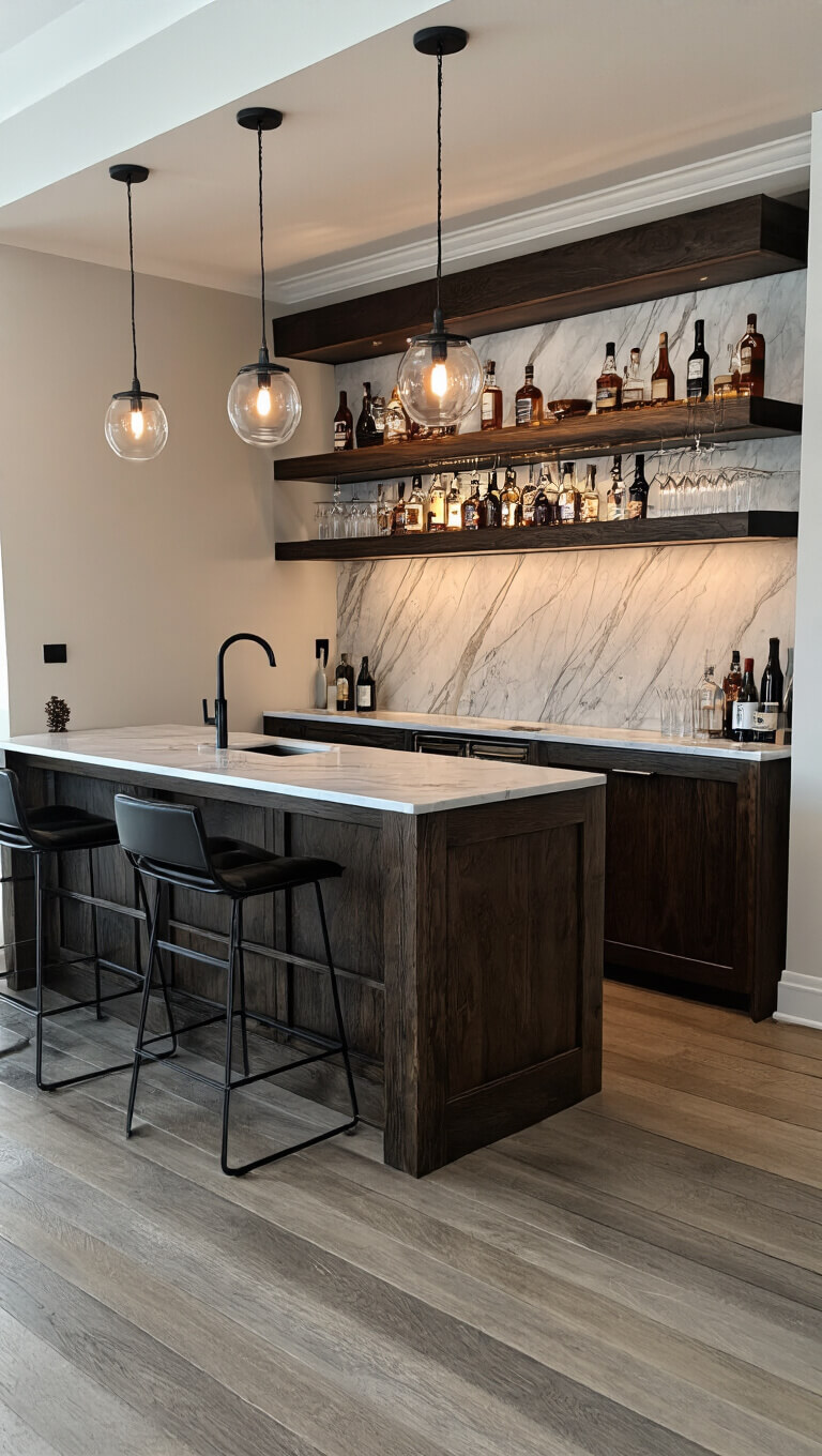 Contemporary 10x14ft home bar with dark oak floating shelves, marble surfaces, black metal barstools, and moody evening lighting.