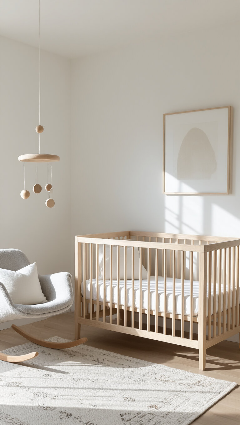 Minimalist nursery with white walls, oak crib, gray rocking chair, and wooden mobile in morning light.