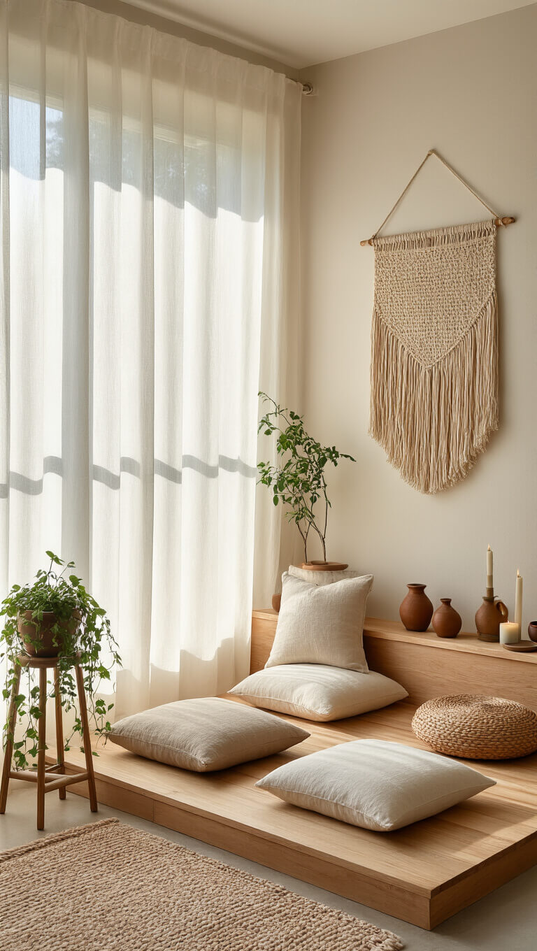 Cozy meditation corner with layered cushions on a low wooden platform, sheer curtains filtering sunlight, a simple altar with candles and ceramics, woven wall hanging, and trailing plants creating a serene atmosphere.