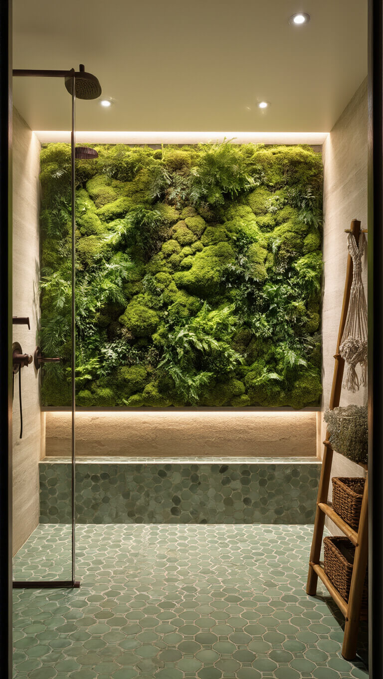 Compact 6x8ft spa-inspired wet room with preserved moss wall, pebble and hex tile flooring, waterfall faucet, and bohemian decor.