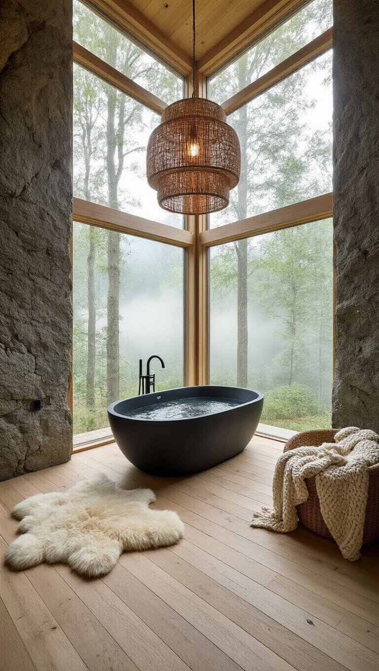 Luxurious wet room with black stone tub, floor-to-ceiling window overlooking misty forest, oak flooring, granite walls, and rattan pendant lighting.