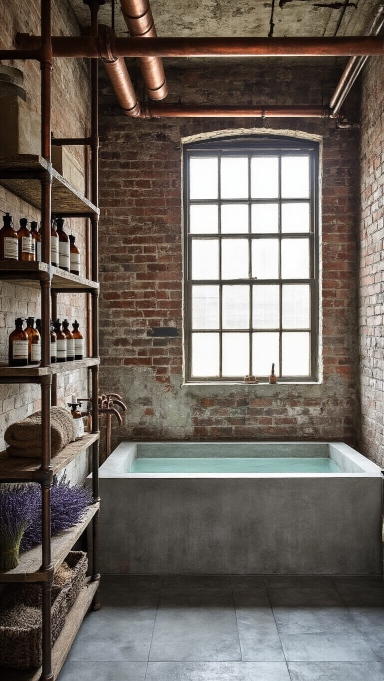 Industrial-rustic wet room with exposed copper pipes, weathered brick walls, concrete soaking tub, vintage window light, and reclaimed wood shelving with apothecary bottles and dried lavender.