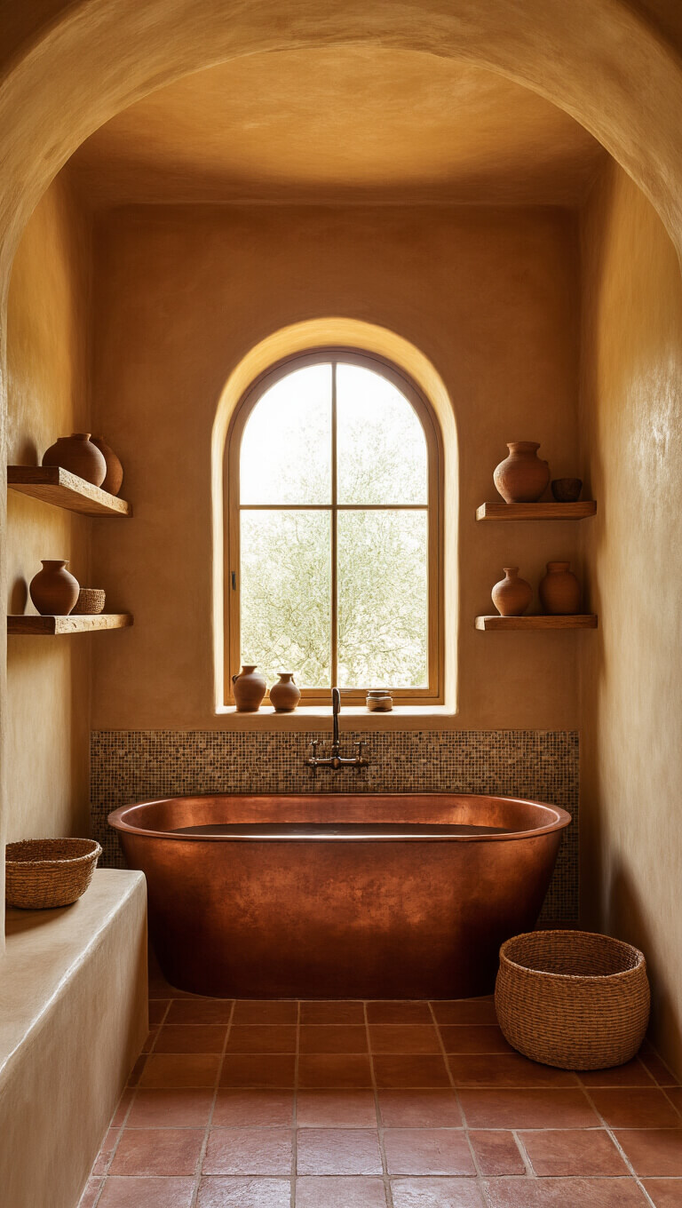 Mediterranean-rustic wet room with terracotta plaster walls, copper soaking tub, mosaic tile backdrop, olive wood shelves, and arched window with golden evening light.