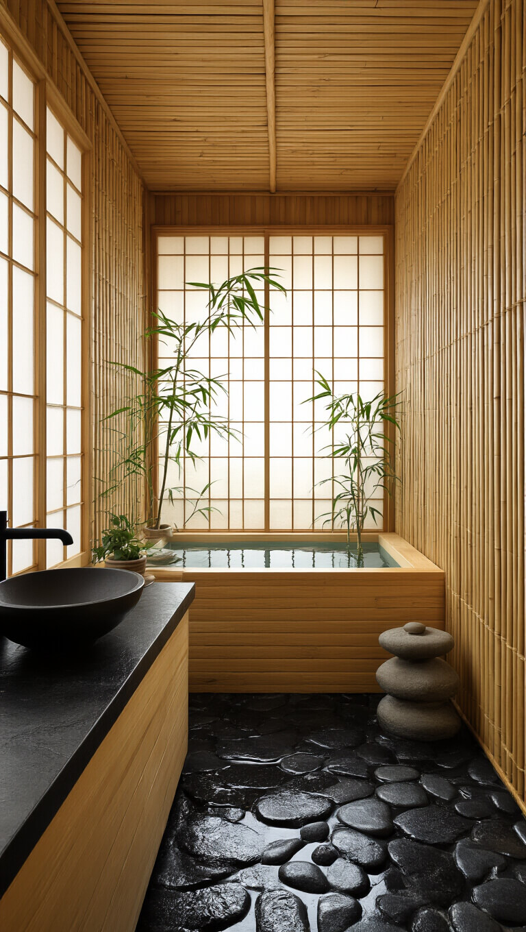 Japanese rustic wet room with bamboo screen walls, black river rock flooring, hinoki wood soaking tub, ceramic vessel sink on black stone counter, and soft light filtering through shoji screens.