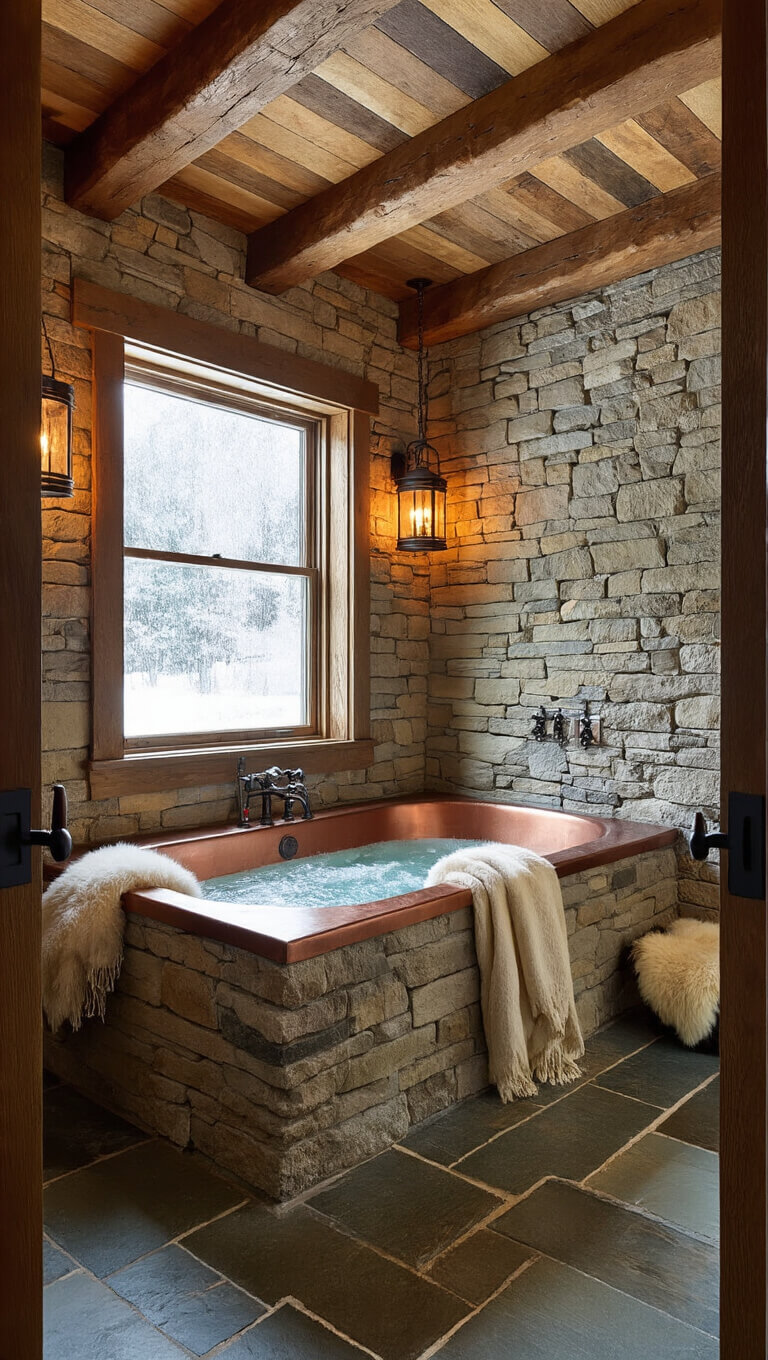 Rustic mountain lodge wet room with copper soaking tub, stacked stone walls, timber beams, slate floor, and snowfall visible through window.