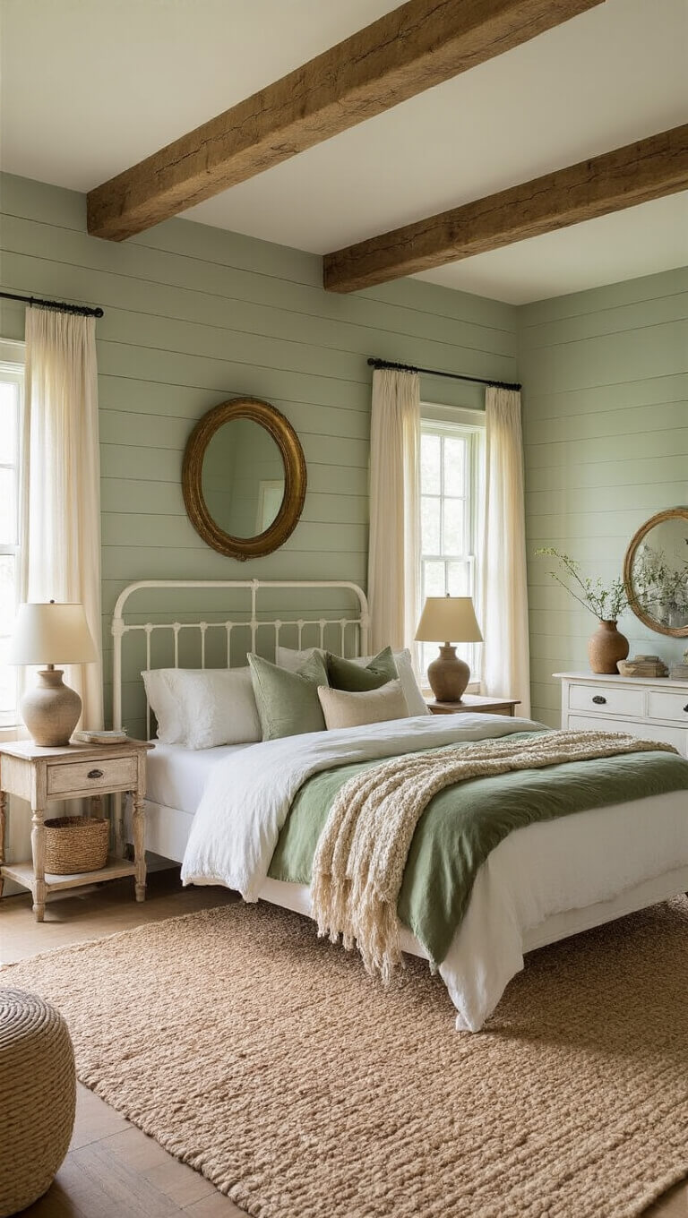 Sunlit farmhouse bedroom with sage green shiplap walls, exposed wooden beams, white iron bed, layered textiles, rustic furniture, and golden hour lighting.