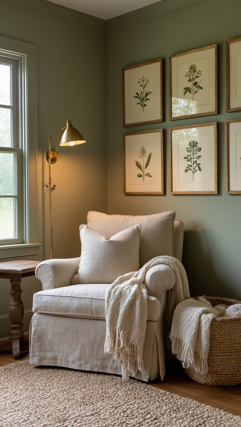Cozy sage green farmhouse bedroom corner with a linen armchair, vintage botanical gallery wall, brass floor lamp, and woven basket of throws, viewed from a low angle at dusk.