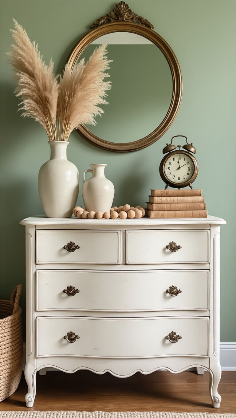 Detail shot of antique white farmhouse dresser styled with ceramic vases, dried pampas grass, vintage brass mirror, stacked linen books, wood beads, and vintage clock against sage green wall in morning light.