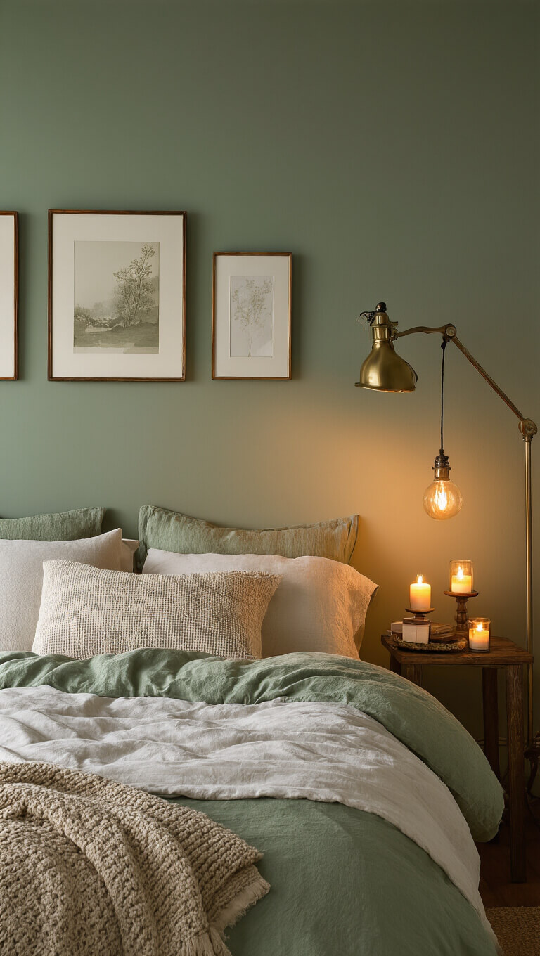 Cozy evening bedroom with sage green walls, warm layered lighting from vintage lamps, brass picture lights above bed art, and flickering candles; textured cream and sage bedding seen at bed level.