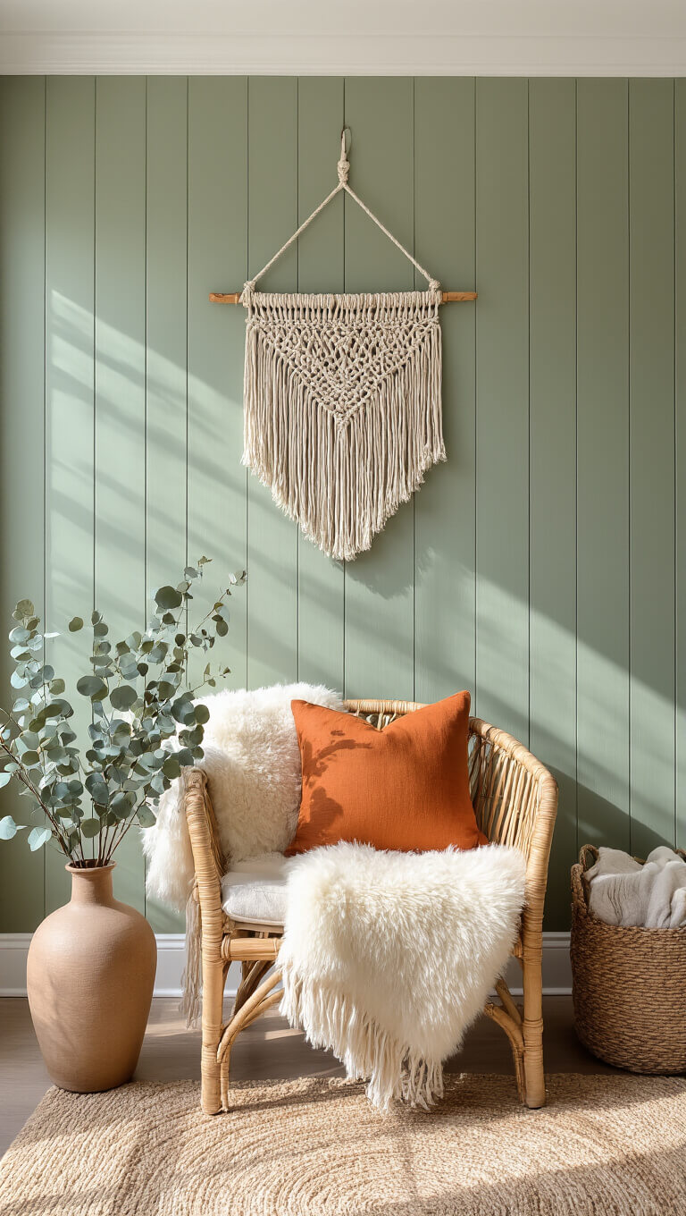 Cozy corner with rattan chair, sheepskin throw, burnt orange pillow, macramé wall hanging, ceramic vase with dried eucalyptus, and woven blanket basket against sage green planked walls in natural morning light.