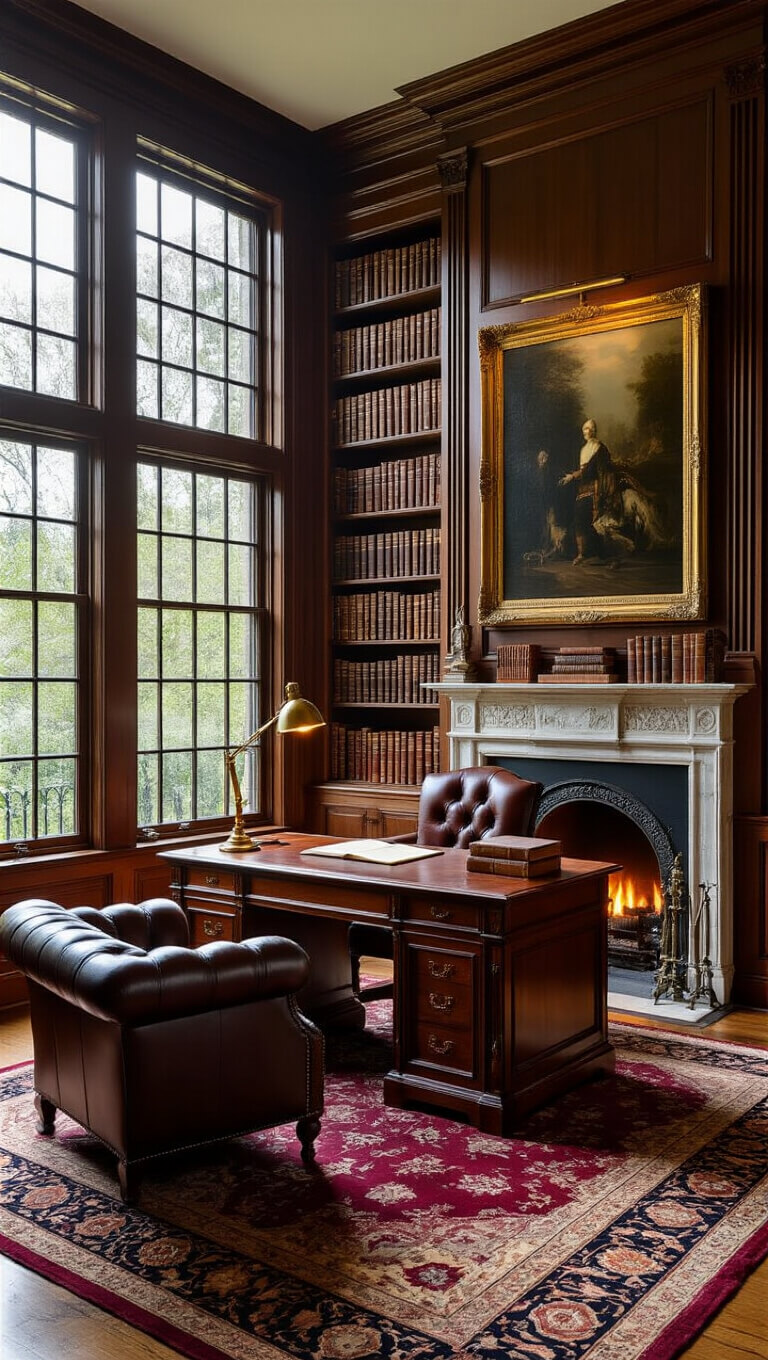 A cozy wood-paneled library study at dusk with golden light streaming through tall windows, highlighting a mahogany desk, leather armchair, ornate rug, and bookshelves filled with antique volumes.