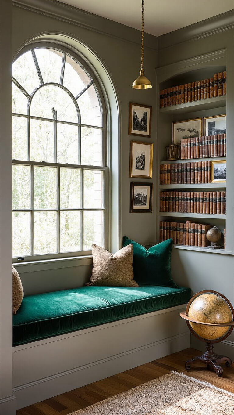 Vintage reading nook with emerald velvet window seat, brass accents, built-in shelves of leather-bound books, and golden-framed photographs under warm afternoon light.