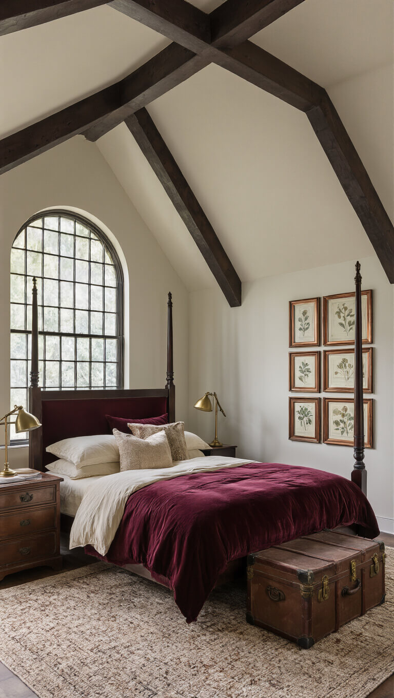 Cozy academic bedroom with cathedral ceiling, four-poster bed in velvet and cream linens, vintage desk by leaded window, botanical prints on wall, and leather trunk at bed’s foot.