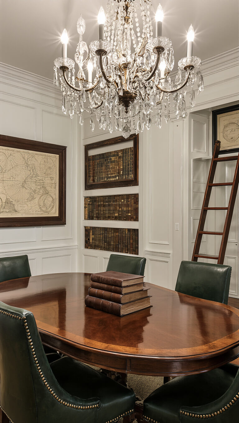 Elegant literary-themed dining room with mahogany table, leather-bound books centerpiece, green velvet chairs, chandelier bokeh, and bookshelf wall with ladder.