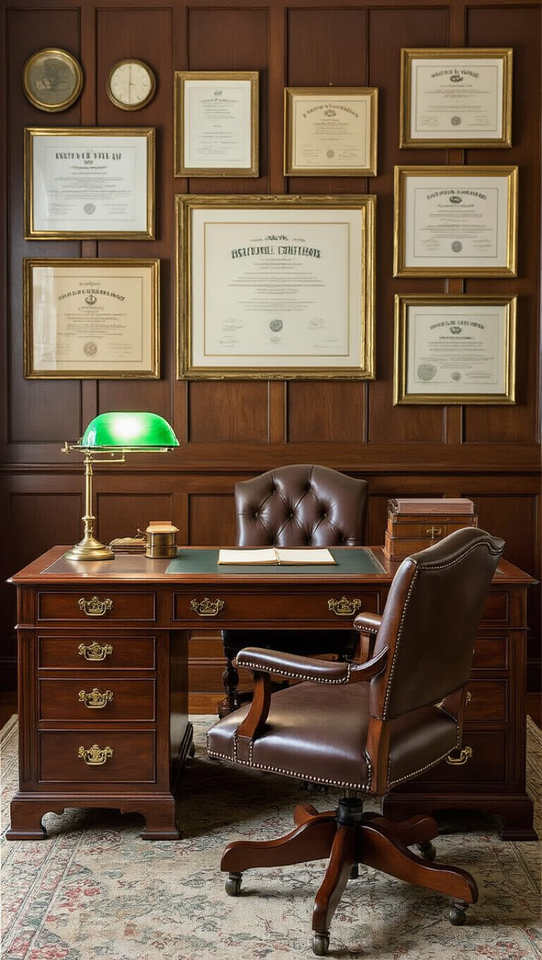 Mahogany antique partner's desk with brass accessories, green banker's lamp, and vintage certificates on a paneled wall.
