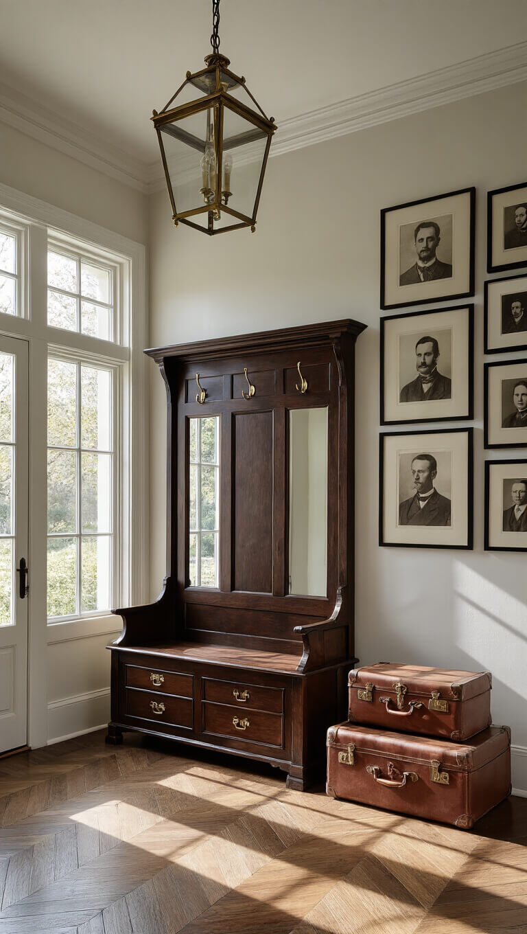 Elegant foyer with herringbone wood floors, antique oak hall tree, vintage suitcases, sepia photo gallery wall, and brass lantern in morning light.