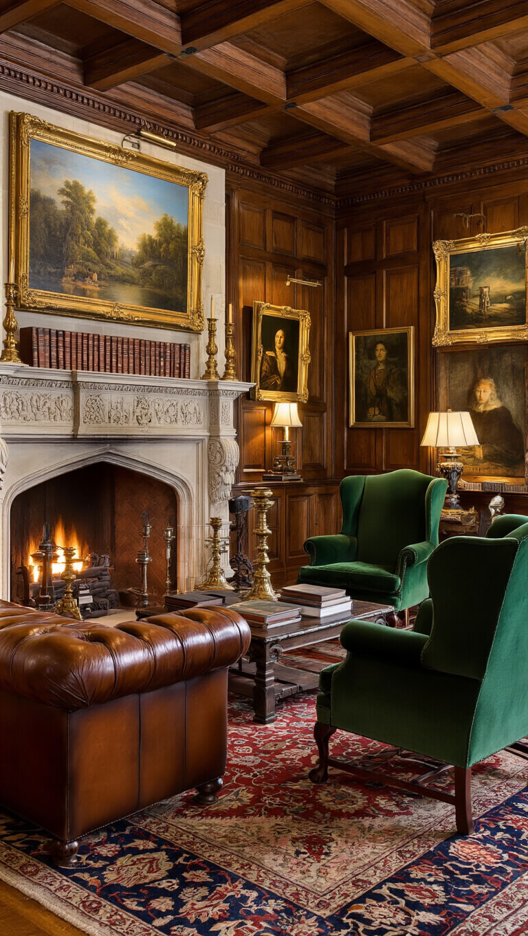 Antiquarian living room with coffered ceiling, leather Chesterfield sofa, green velvet wingback chairs, stone fireplace with brass candlesticks and vintage books, oriental rug, and oil paintings in ornate frames, lit by warm firelight.
