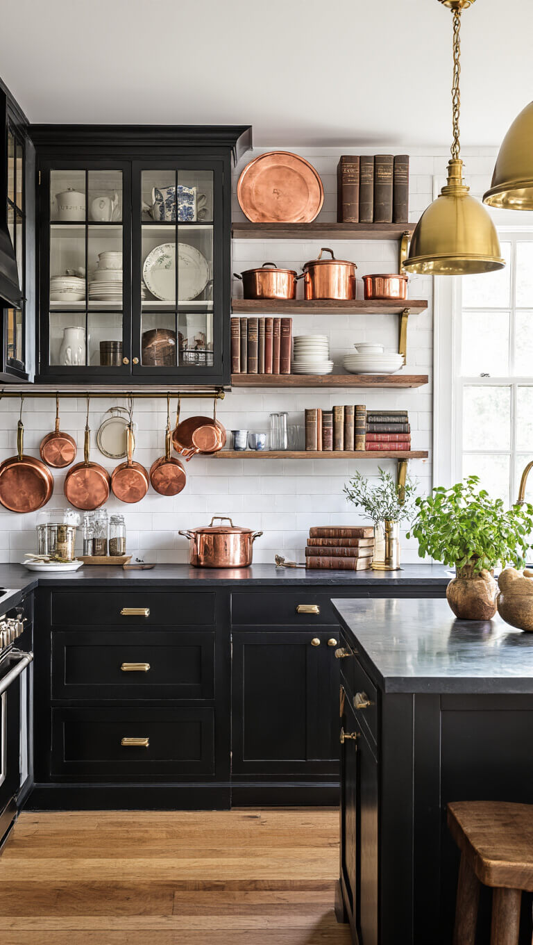 Dark academia kitchen with soapstone counters, copper accents, open shelves displaying vintage cookware and leather-bound cookbooks, black glass-door cabinet with vintage china, brass pendant lights over island, and herb drying rack in warm afternoon light.