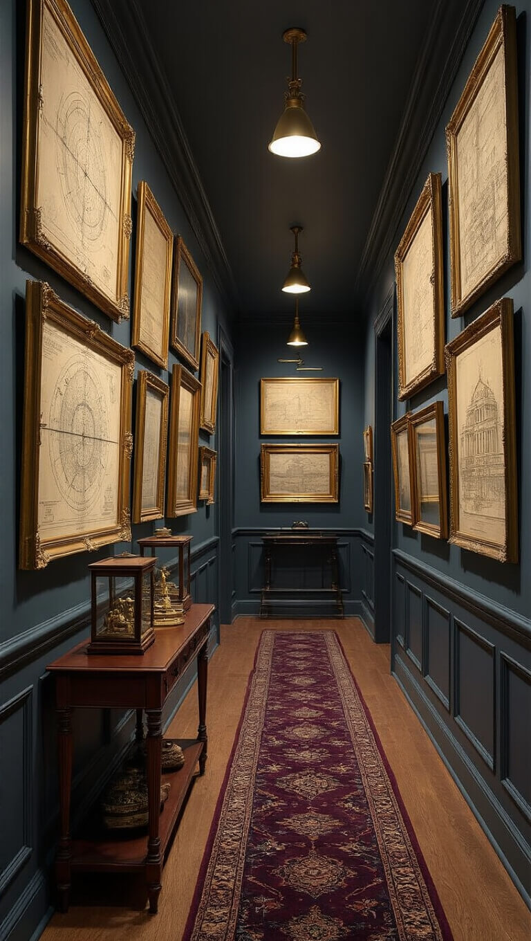 Museum-style hallway with vintage artwork in gold frames, brass picture lights, and a burgundy and navy runner, viewed from end of corridor in moody evening light.