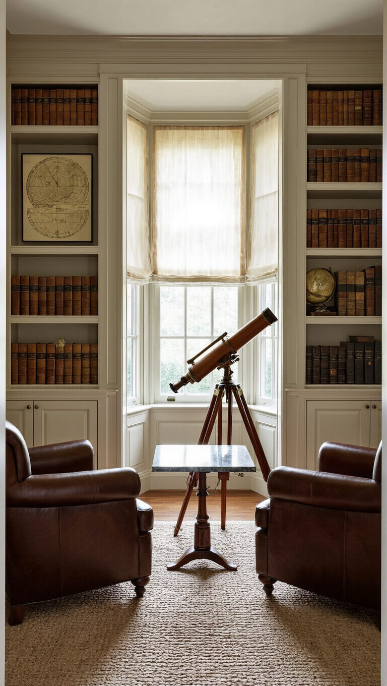 Collector's sitting room with leather chairs, marble side table, book-filled shelves, vintage telescope by bay window, and golden late afternoon light filtering through sheer curtains.
