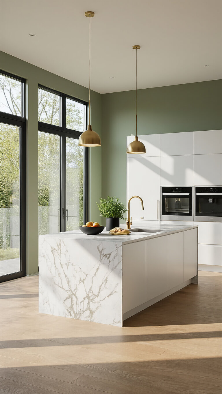 Modern 12x15ft kitchen with white handleless cabinets, marble island, brass pendant lights, sage green accent wall, and smart appliances in natural morning light.