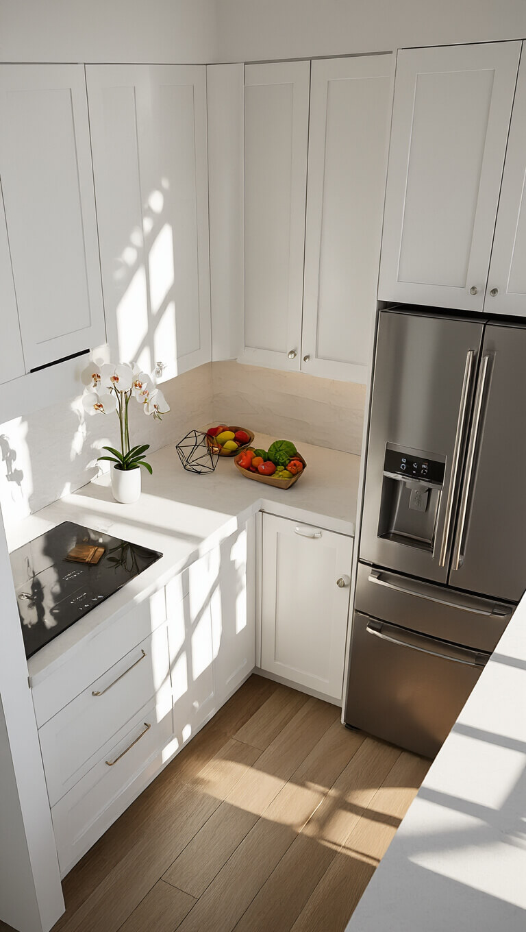 Overhead view of an intimate white galley kitchen with modern finishes, geometric shadows, and minimal decor featuring an orchid and fruit bowl.