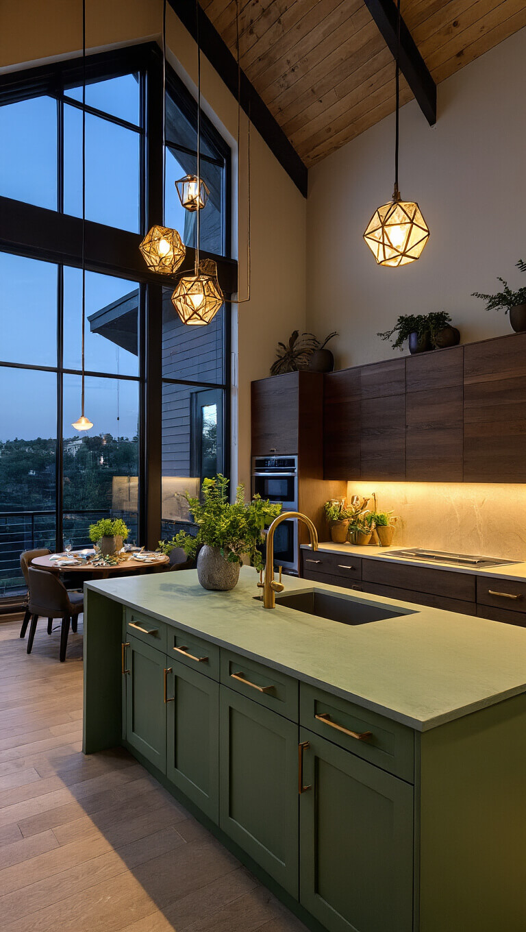 Contemporary kitchen-living space at dusk with vaulted ceilings, industrial windows, and ambient lighting; features sage green island, dark wood cabinets, brass touchless faucet, geometric pendants, ceramics, and greenery.