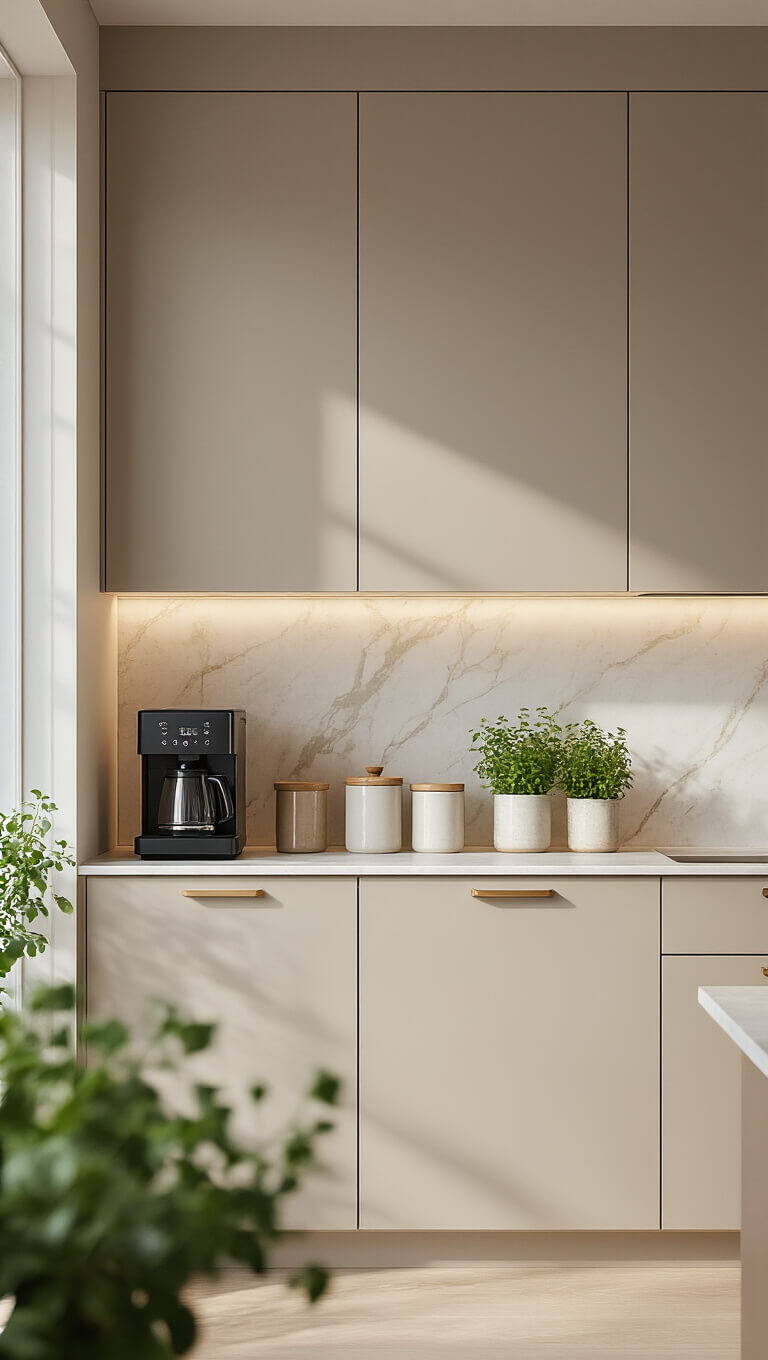 Minimalist kitchen corner with greige floor-to-ceiling cabinets, integrated coffee station, marble backsplash, and designer accessories in natural morning light.