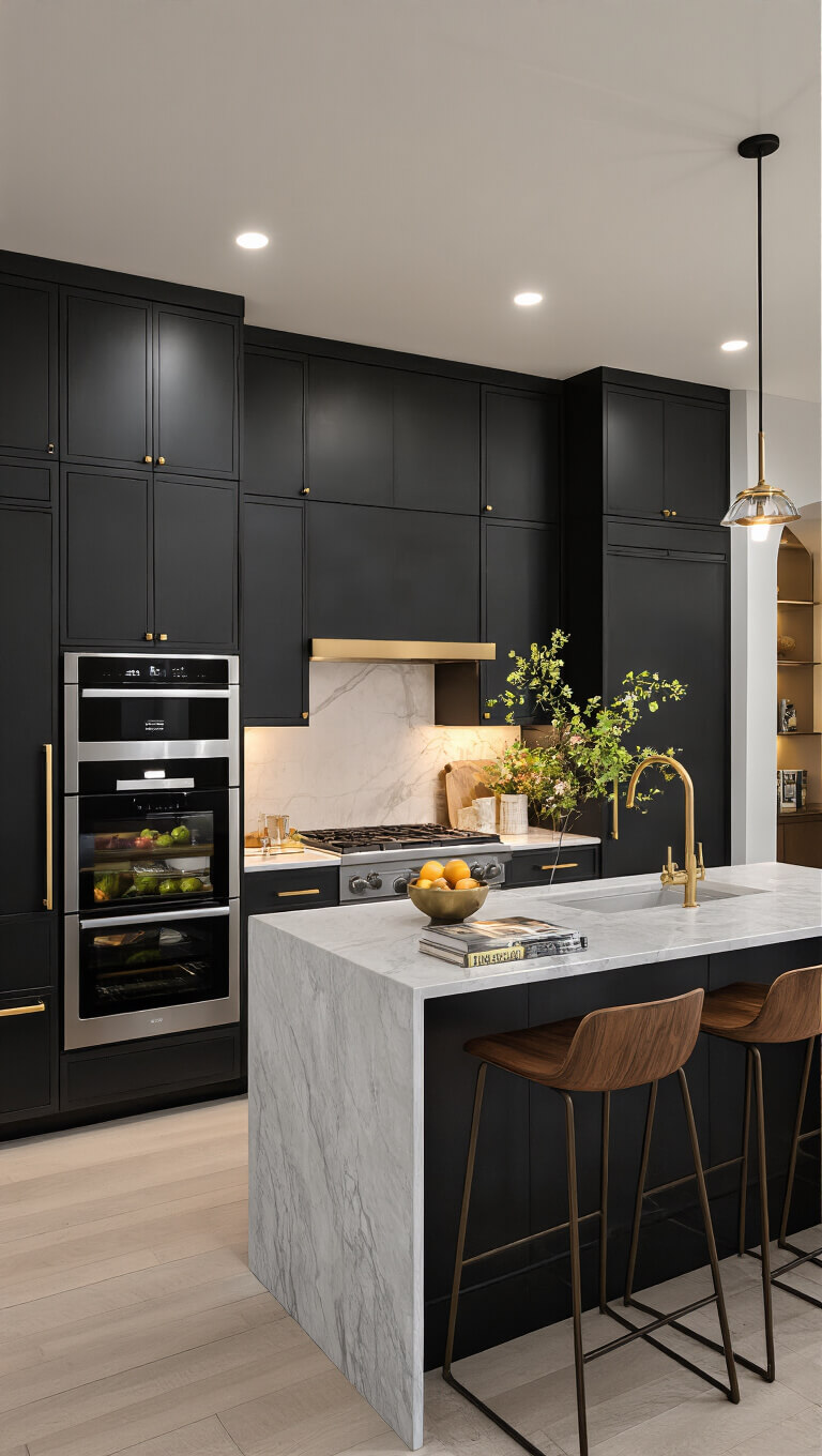 Luxury kitchen at twilight with smart appliance wall, mixed metallic finishes, quartz waterfall island, and voice-controlled mood lighting.