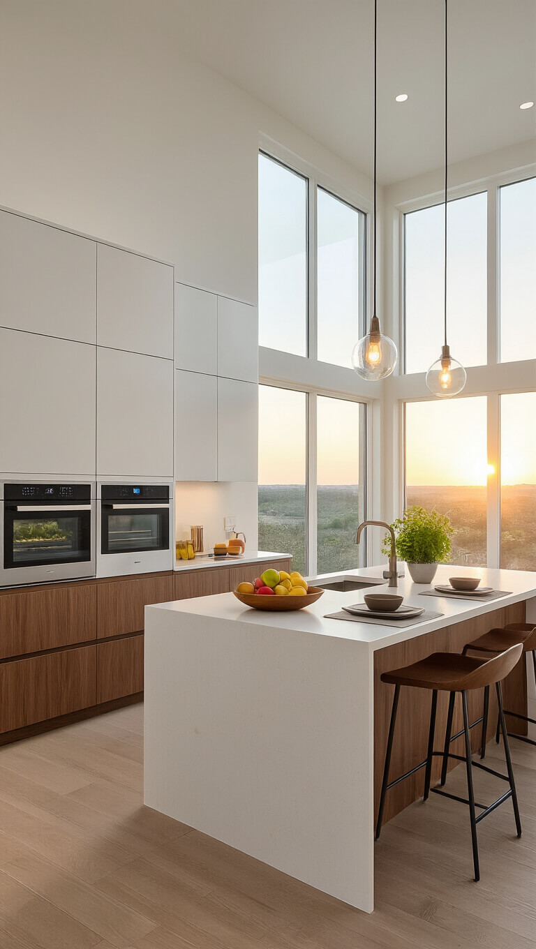Sunlit open-concept kitchen and dining area with double-height windows, two-tone cabinets, smart appliances, and large island with seating for six.