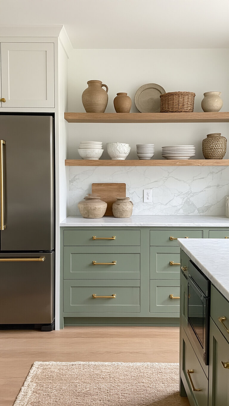 Modern farmhouse kitchen with sage green shaker cabinets, brass hardware, smart matte fridge, open shelves displaying artisan pottery, marble counters with charging stations, and vintage-modern accessories in afternoon light.