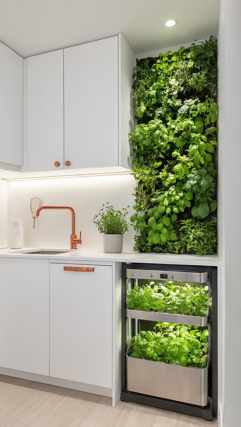 Compact kitchen with white cabinets, vertical garden wall, copper fixtures, and integrated herb garden under natural light.