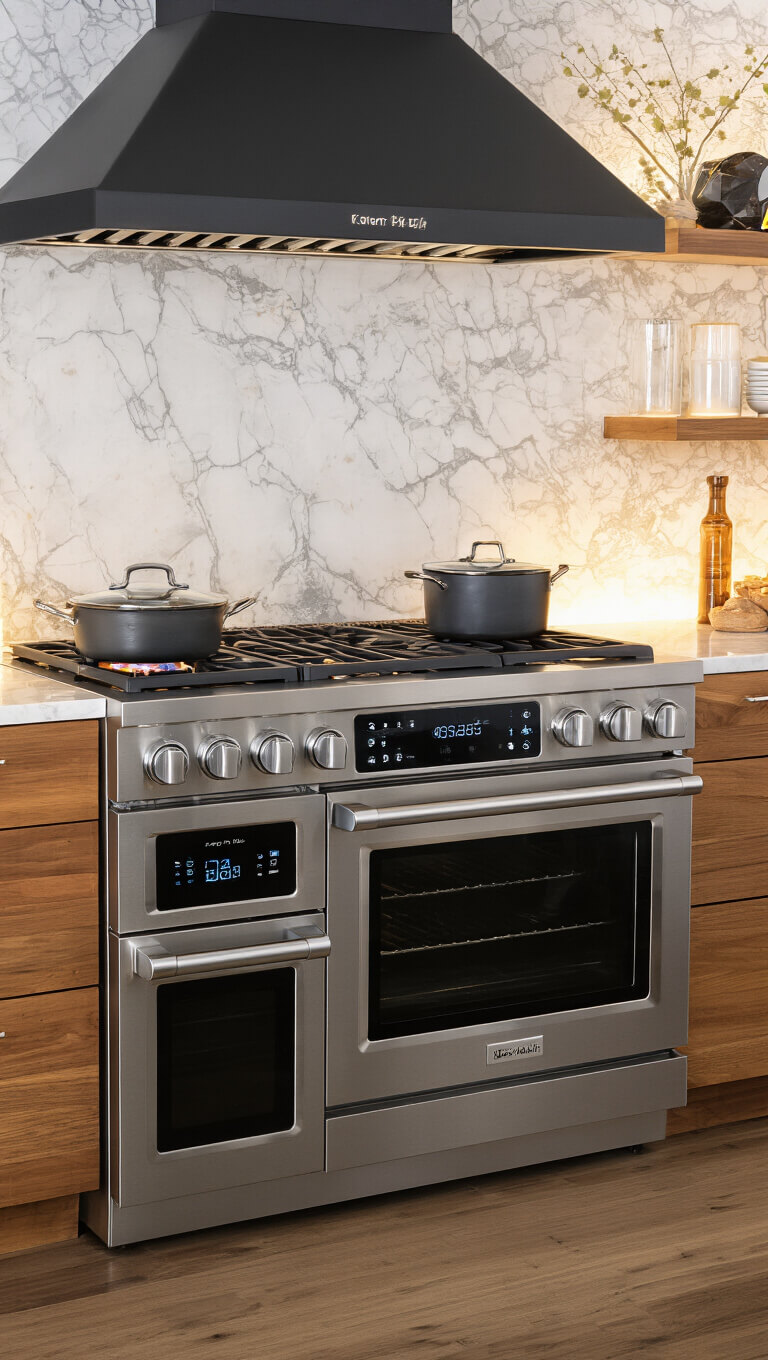 Chef's kitchen at blue hour with smart cooking station, digital appliances, mixed materials, matte black hood, and dramatic side lighting highlighting textures.