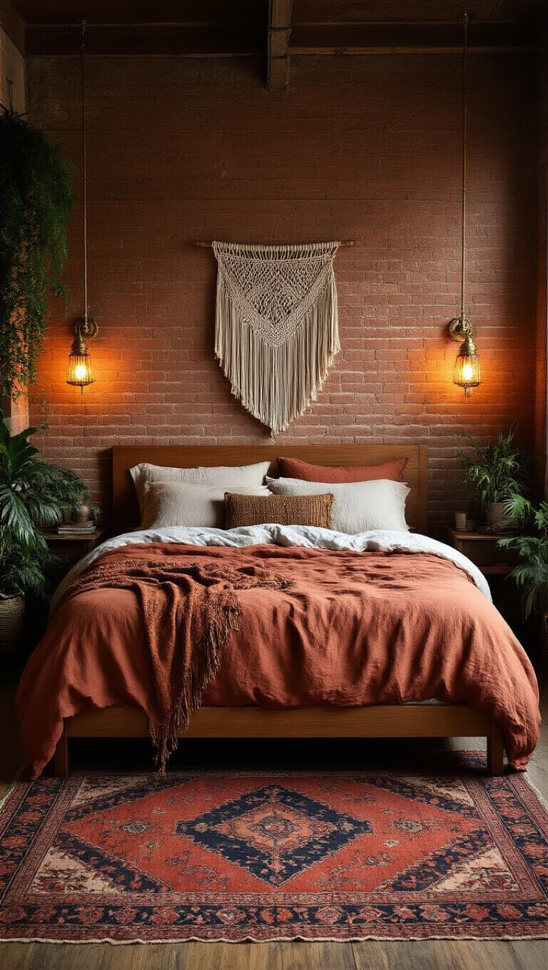 Moody bohemian bedroom with exposed brick wall, low wooden bed in terra cotta linen, vintage rugs, brass sconces, macramé wall hanging, and trailing plants, viewed symmetrically from doorway.