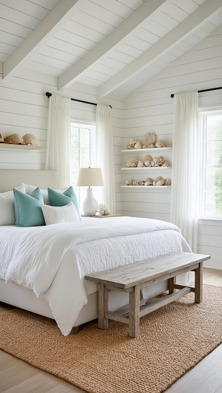 Coastal-inspired primary bedroom with vaulted shiplap ceiling, king bed, seafoam accents, driftwood bench, jute rug, and morning light through gauzy curtains.
